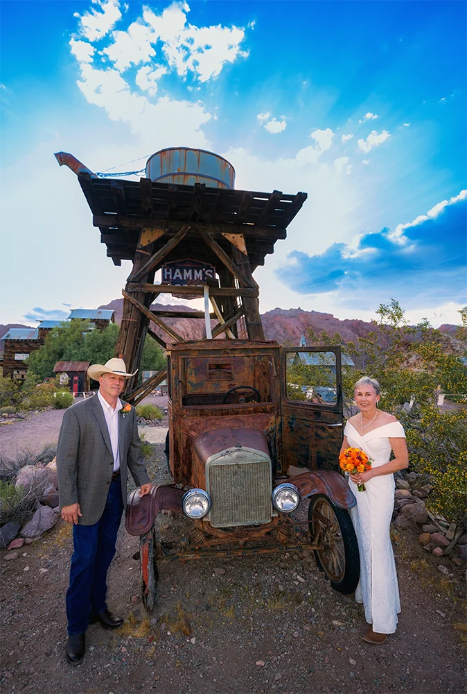 Wedding couple at the water tower at Nelson Ghost Town