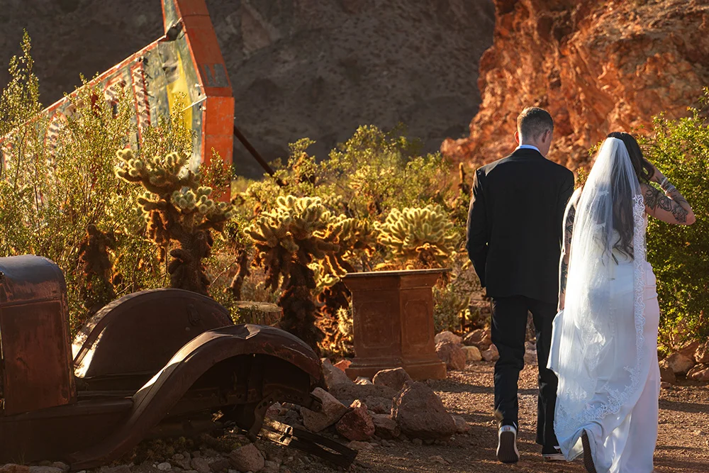 Wedding couple walking through Nelson Ghost Town